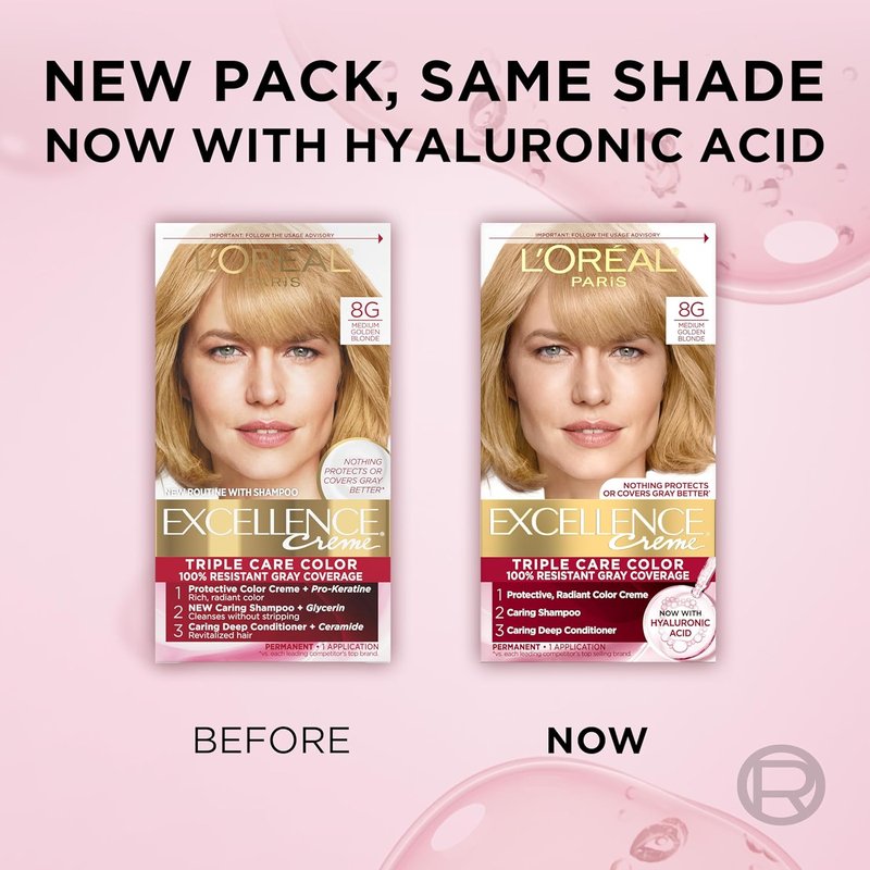 L'Oreal Paris Excellence Crème Permanent Hair Dye, Triple Care Hair Color with Hyaluronic Acid for 100% Gray Coverage, 8G Medium Golden Blonde, 1 Kit (Packaging May Vary)