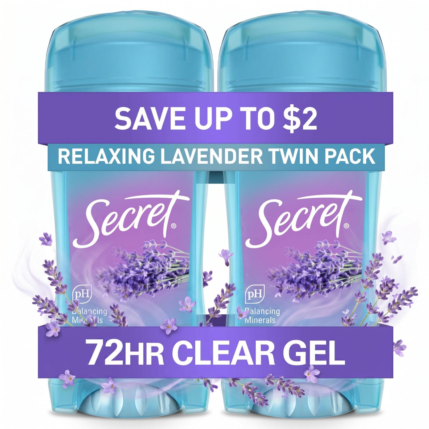 Secret Fresh Antiperspirant Deodorant for Women, 72hr Breathable Sweat & Odor Protection, Instant Freshness & Gentle, PH Balancing Minerals, Clear Gel, Relaxing Lavender Scent, 2.6 oz (Pack of 2)