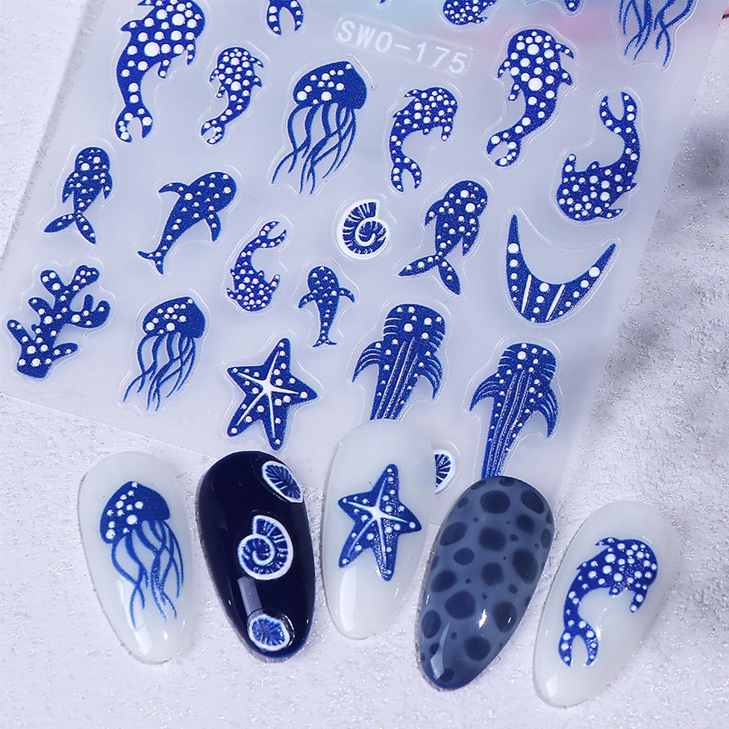 Summer Ocean Nail Stickers 3PCS Blue Polka Dot Whale Shark Nail Art Stickers Starfish Jellyfish Design Self-Adhesive French Manicure Decals Nail Supplies for Women DIY Nail Decorations