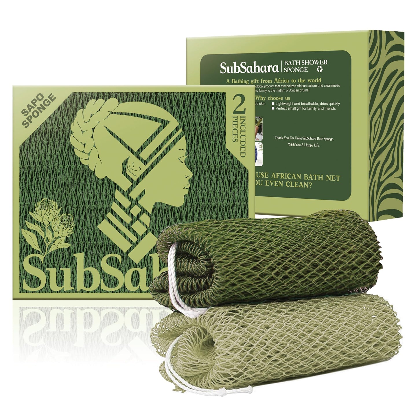 SubSahara Authentic African Net Sponge - 2 Pack Exfoliating Bath & Shower Loofah Sponge for Body & Face, Gentle Scrubber for All Skin Types, Travel, Durable Polyester (Olive Green & Light Green)