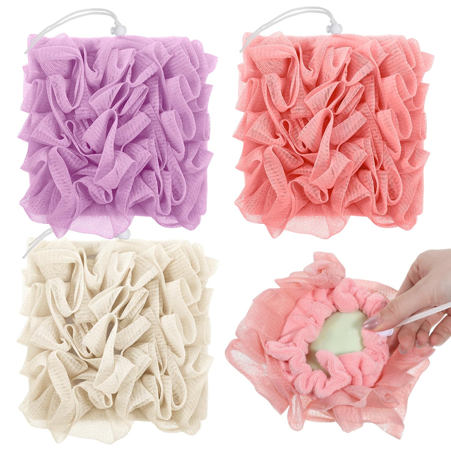 Qianyu 3 Pcs Loofah Soap Bar Loofah 2-in-1 Washcloth Combo Saver Pouch Reusable Exfoliating Shower Mesh Hold Drawstring Cleansing Puff Ball with Soap Pocket for Bathing Body Wash