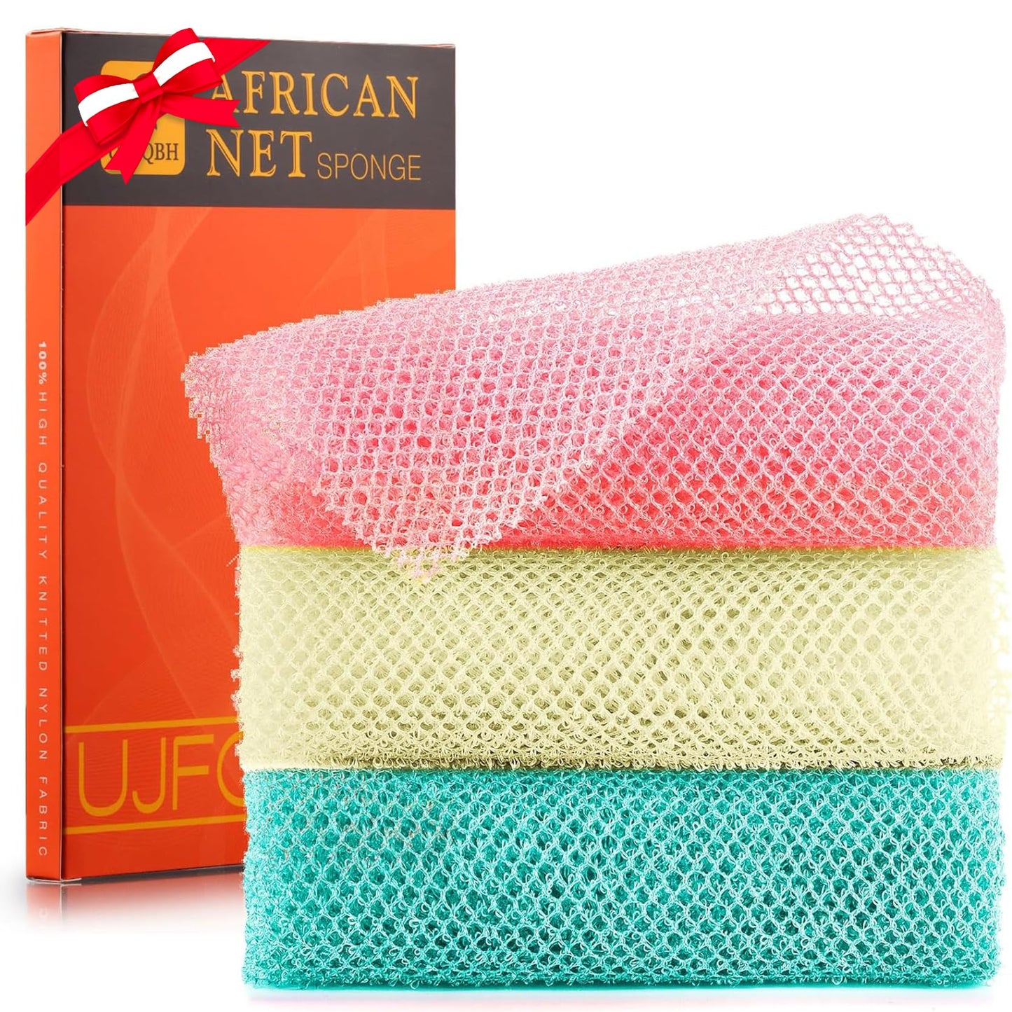 UJFQBH 3 Pieces African Net Sponge, African exfoliating net African Net Long Net Bath Sponge Exfoliating Shower Body Scrubber Back Scrubber Skin Smoother（Pink, Green, Off-White）