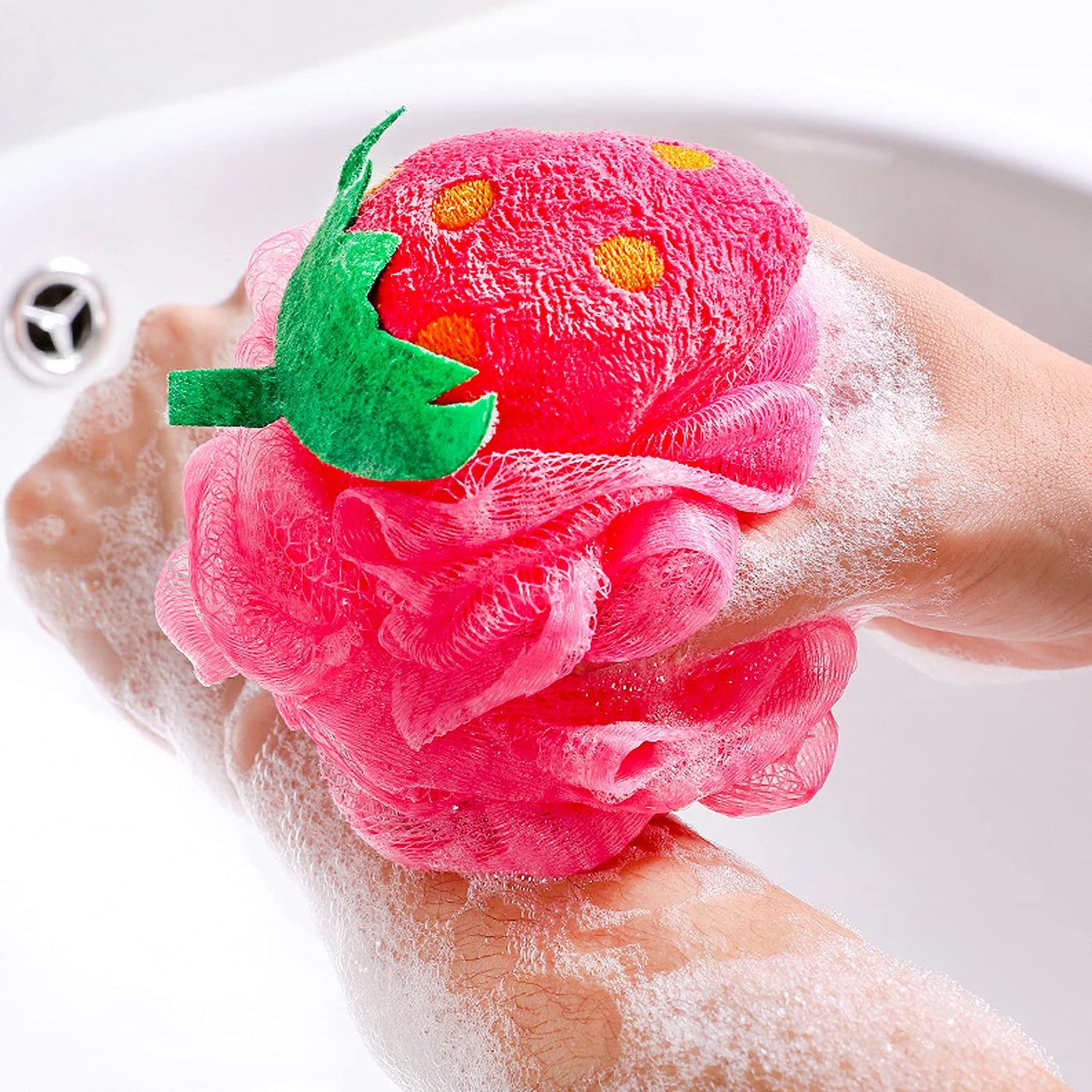 Rocutus 4pcs Child Bath Shower Sponge Pouf Loofahs Mesh Brush Shower Ball Cute Bath Flower with Hooks for Travel (Mixed 4)