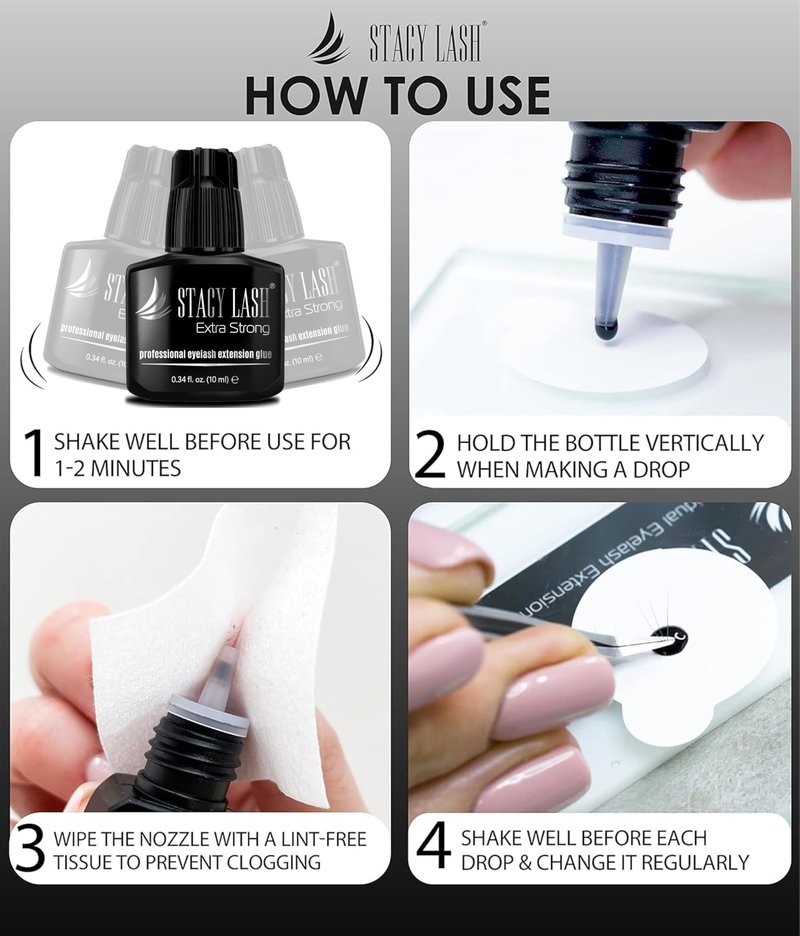 Extra Strong Eyelash Extension Glue Stacy Lash (0.34 fl.oz / 10 ml) / 0.5-1 Sec Dry/Retention – 8 Weeks/Black Adhesive