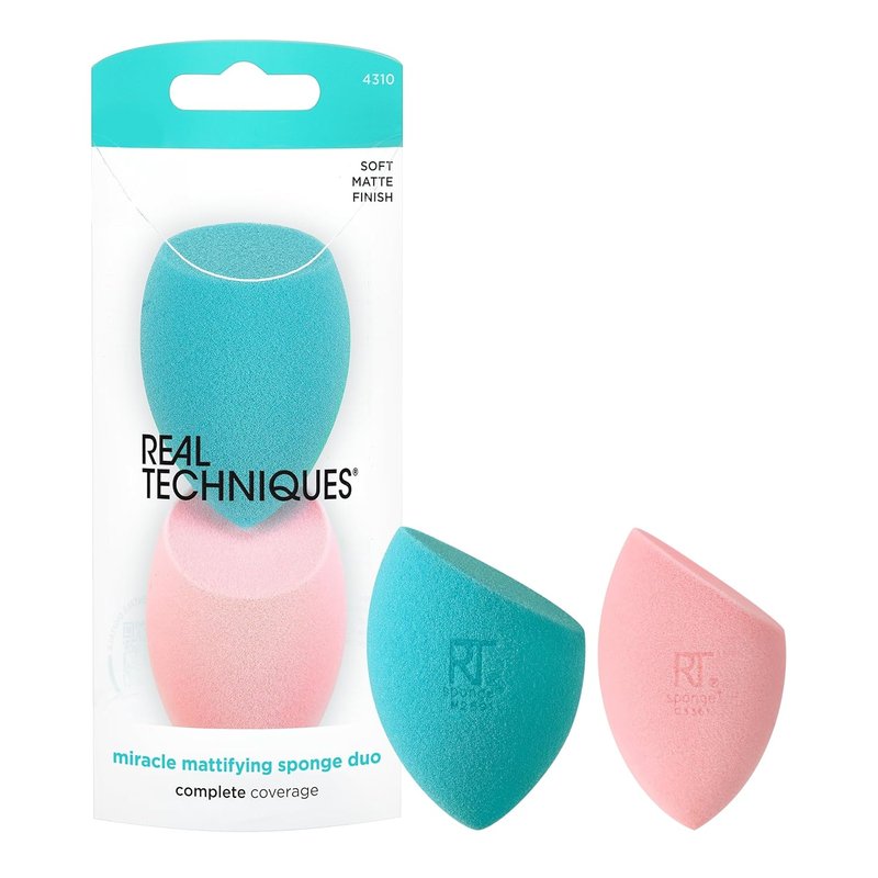 Real Techniques Miracle Mattifying Makeup Sponge Duo - Full Coverage Blending Sponges for Oily Skin | 2 Count, Matte Finish