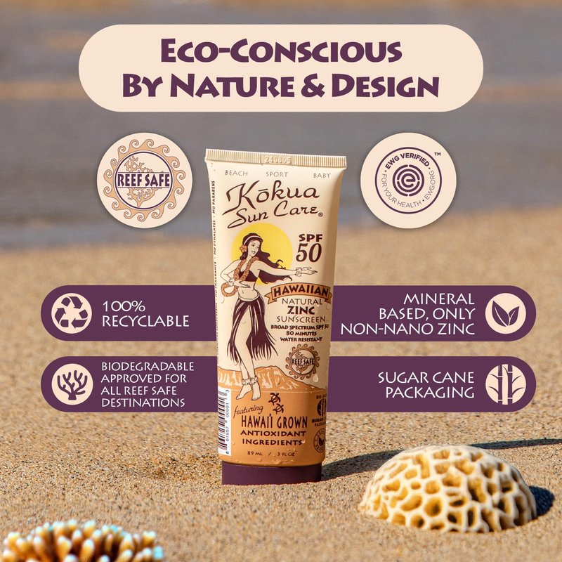 Kokua Sun Care Hawaiian Sunscreen Reef Safe SPF 50 | 3 oz | Zinc Oxide | Mineral Sunscreen | Face & Body | Moisturizing Sun Protection | Water Resistant | Chemical Free | Natural Ingredients