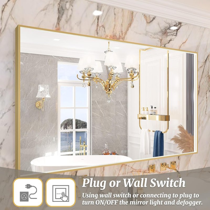 Gold Metal Framed LED Bathroom Mirror by [Brand Name] - 55x32 Inch Lighted Vanity Mirror with Anti-Fog & Dimmable Features