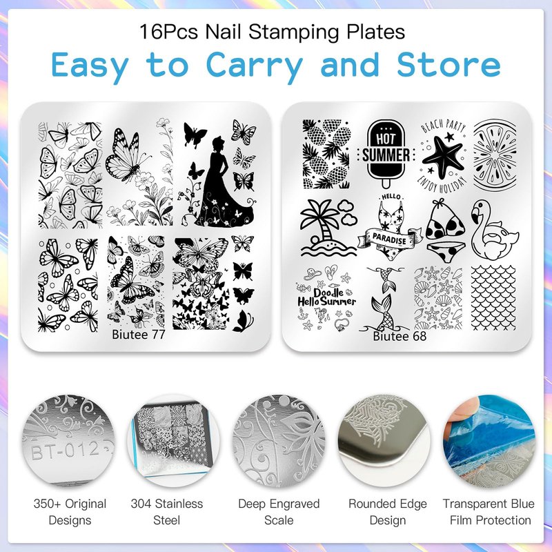 Biutee Nail Stamping Kit 12Pcs Nail Art Stamp Plates 8 Colors Stamping Polish Gel Silicone Stamper Scraper with Storage Bag, Nail Stamping Plate Lace Star Rose Plaid TemplateHoliday Design Gift