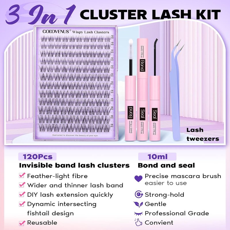 Goddivas Invisible Band Lash Clusters Kit - Wispy Natural DIY Eyelash Extensions | C Curl 10-16MM