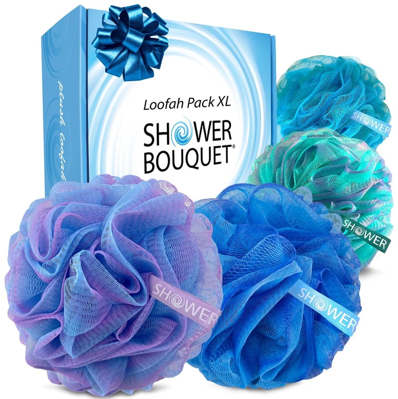 SHOWER BOUQUET Loofah Bath-Sponge XL Swirl-Deep-4-Pack // Extra Large 75g Soft Mesh Net Luffa Loofa Loufa Lufa Puff Set/Exfoliating Body Scrubber for Women and Men - Exfoliate & Soothe Face & Body