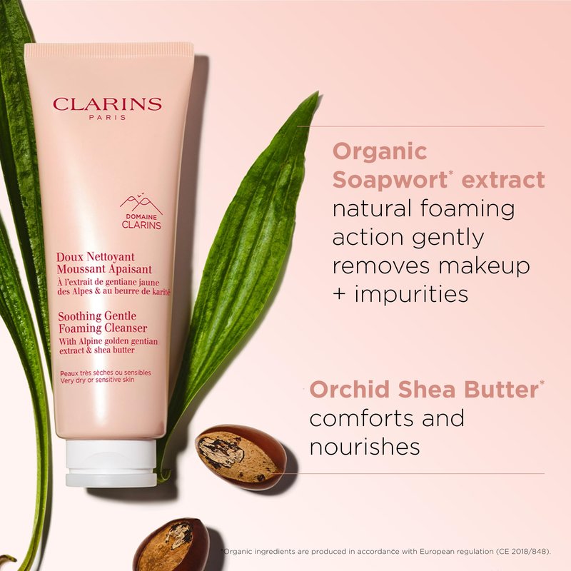 Clarins Soothing Gentle Foaming Face Cleanser | Cleanses, Soothes, and Comforts | Contains Nourishing Shea Butter | Soap-Free| SLS-Free| Very Dry or Sensitive Skin Types | 4.2 Ounces (Pack of 1)