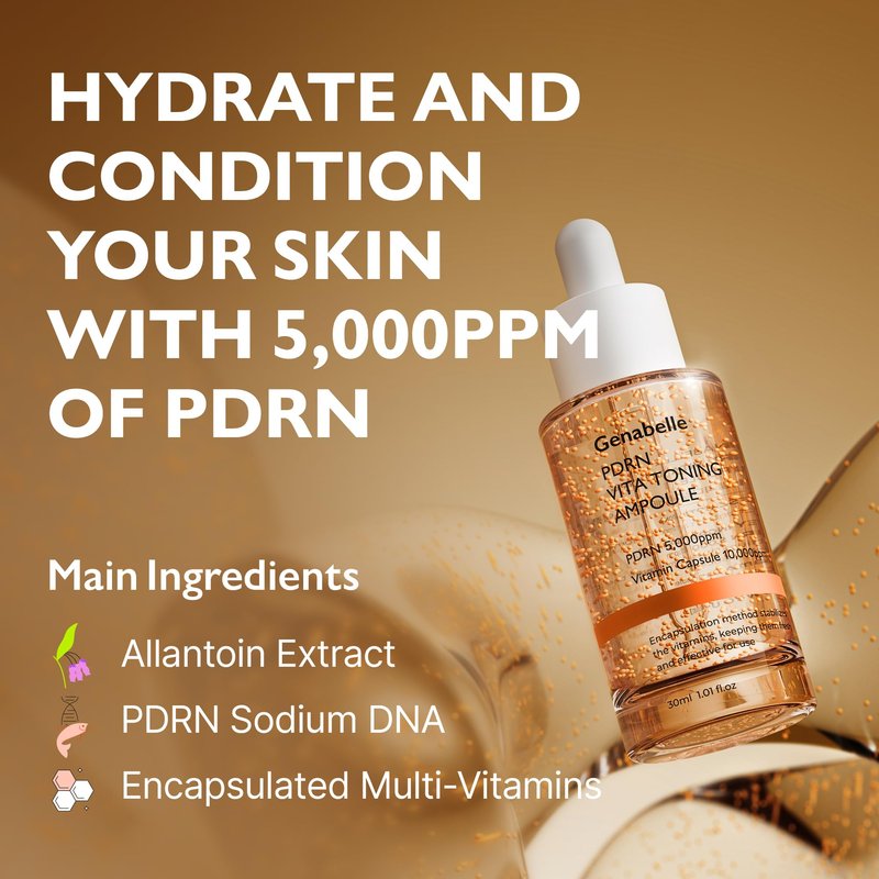 Genabelle PDRN Vita Toning Ampoule - Lightweight Glass Skin & Toning Ampoule with Vitamin B, C, E, PDRN, Serum for Blemishes, Glass Skin, Fine Lines and Rough Skin Texture, 1.01 fl oz