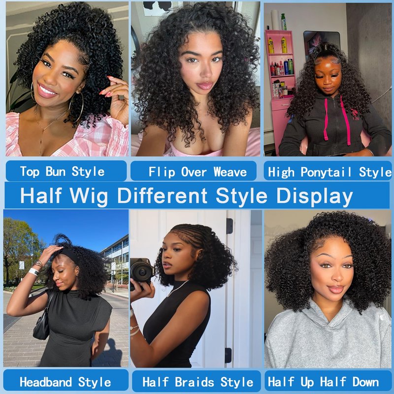 Ding Dian Kinky Curly Half Wig Human Hair 200% Density 3 In 1 Glueless Wear and Go Kinky Curly Wig Human Hair Seamless Flip Over Wig Drawstring Headband Wig Beginner Friendly 16 Inch