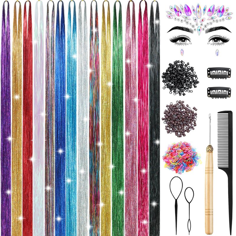 MISSUHUI Hair Tinsel Kit With Tool Hair Tinsel Heat Resistant Fairy Glitter Hair Extensions Sparkling Tensile Hair Extensions for Women Girls Kids