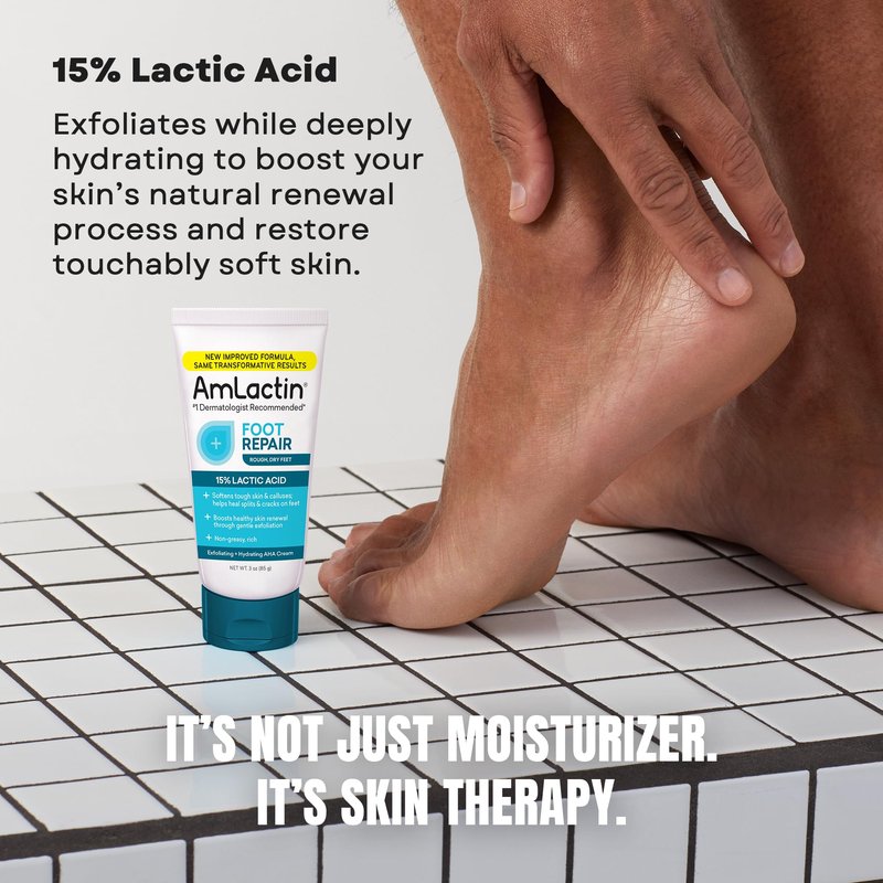 AmLactin Foot Repair Cream - Therapeutic Foot Cream for Dry Cracked Heels and Feet - Callus Softener - No-Scrub Exfoliator and Moisturizer with 15% Lactic Acid AHA - 3 oz (Packaging May Vary)