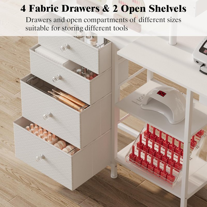 L-Shaped Manicure Table - Rotating Nail Workstation on Wheels with Charging Station | White with Storage Drawers & Shelves