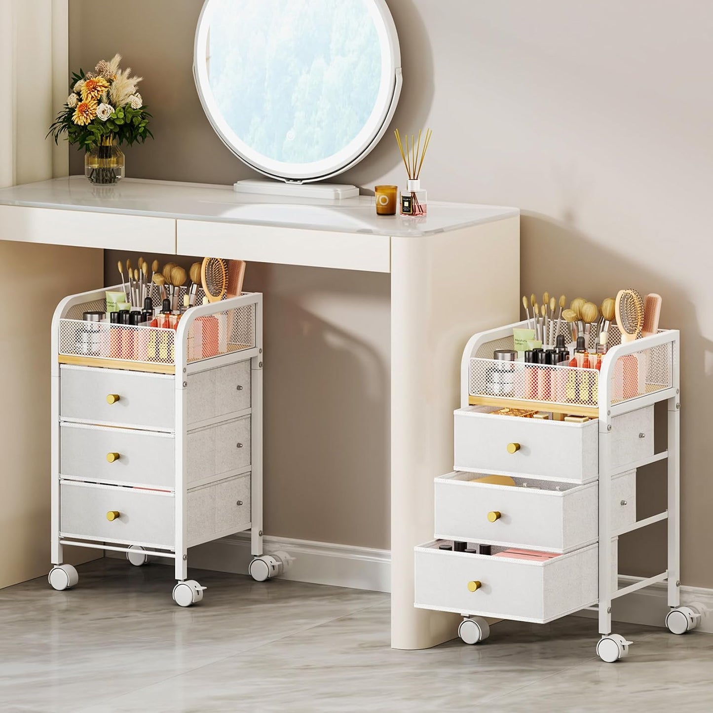 SWTYMIKI Rolling Makeup Organizer Cart - Under Desk Vanity Storage with 3 Drawers | Perfect for Cosmetics & Tools