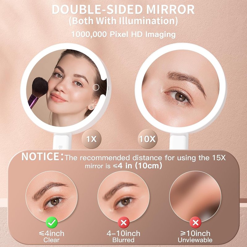7-Inch Magnifying Mirror with Light - Rechargeable Double-Sided 10X/1X Handheld Makeup Mirror | Pink with Stepless Dimming