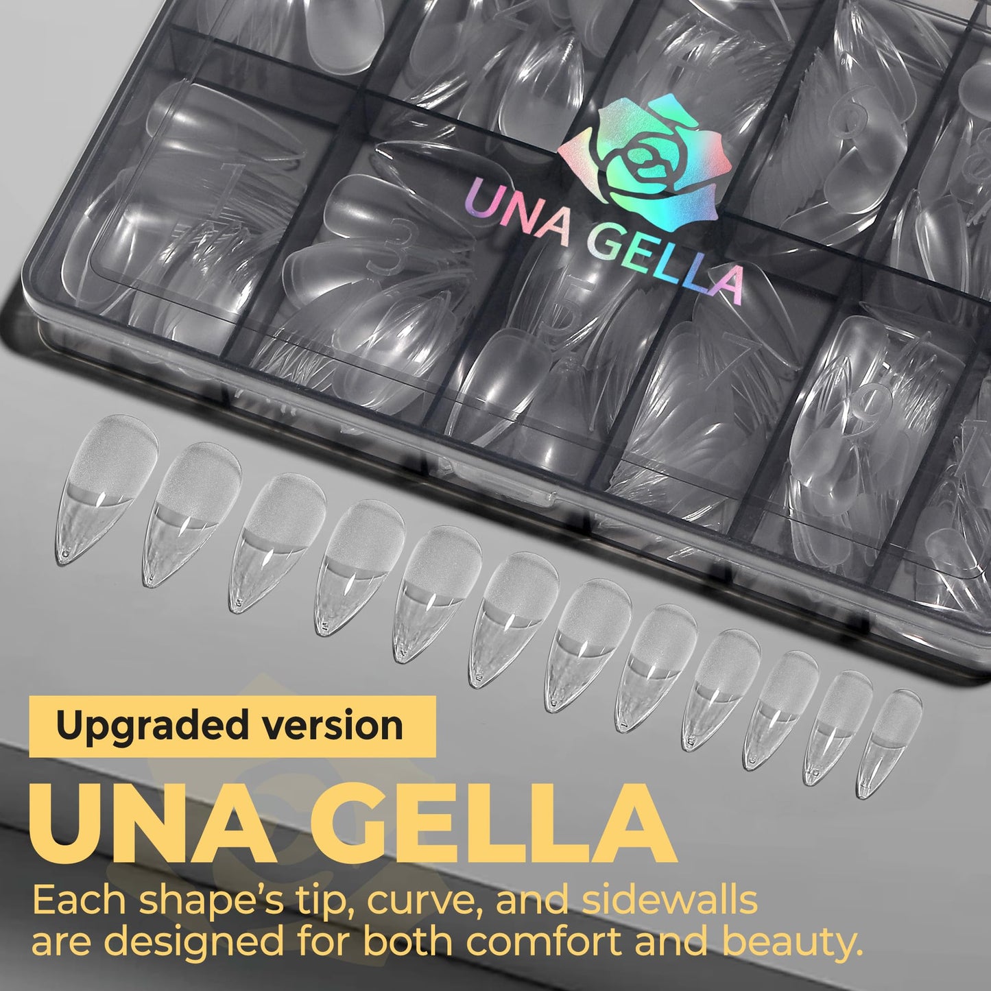 UNA GELLA Medium Stiletto Nail Tips, Pre Etched Stiletto Press on Nails, 240Pcs Clear Soft Gel Nail Tips Full Cover Fake Nails for DIY Art Salon At Home 12 Sizes