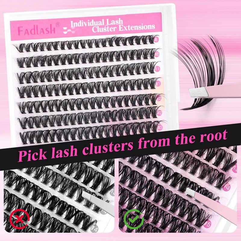 FADLASH Lash Clusters Kit 280PCS Natural Eyelash Clusters Individual D Curl Cluster Eyelash Extensions 8-16mm with Lash Bond and Seal Lash Tweezer for Beginners Soft Thin Band (40D-0.07D-8-16mm KIT)
