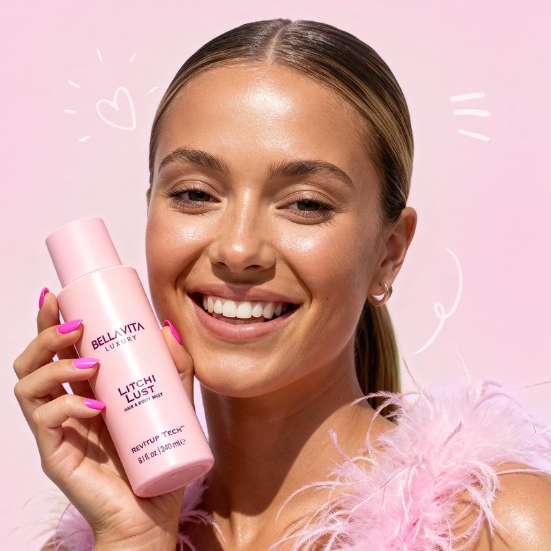 Bellavita Luxury Litchi Lust Hair & Body Mist for Women | Sweet Fruity Body Spray | Refreshing Hair and Body Mist | Lightweight, Alcohol-Free Perfume for Women | 8.12 fl.oz | 240 ml