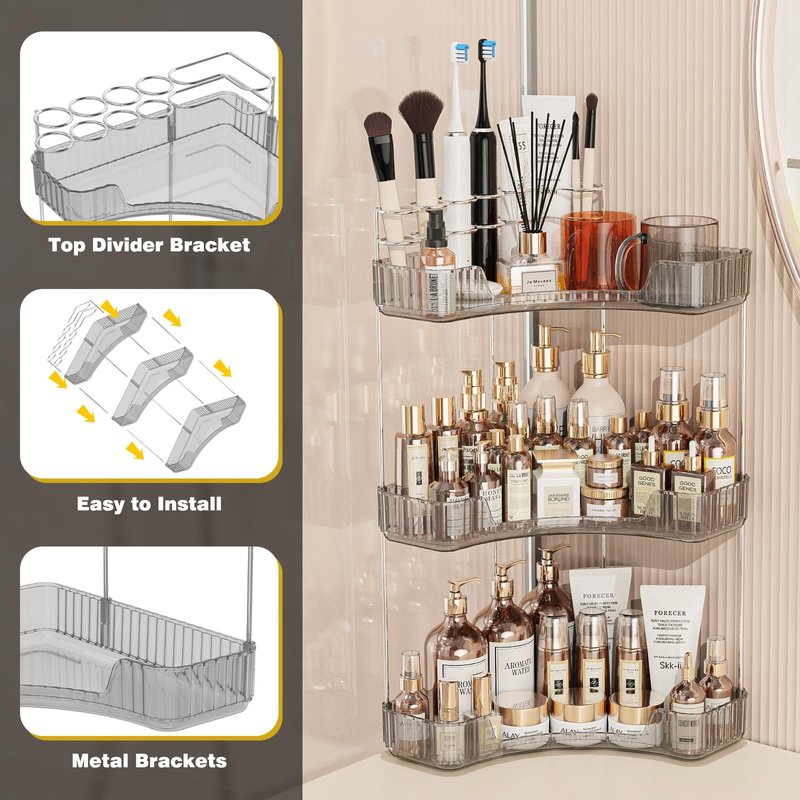 Asayuee 3-Tier Corner Bathroom Counter Organizer with Top Toothbrush Holders,Large Makeup Organizer Countertop with Brush Holder,Skincare Organizers Corner,Exquisite Vanity Organizer (Gray, 3 Tier)