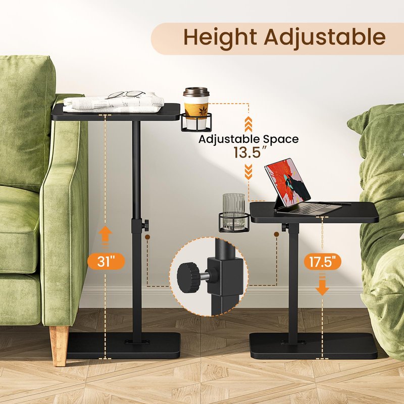 Giikin Side Table, 360 Swivel & Height Adjustable TV Trays for Eating on Couch, Sofa Armrest TV Tray Table with Cup Holder for Small Spaces, C-Shaped, Black, 11.8" D x 15.8" W x 31" H