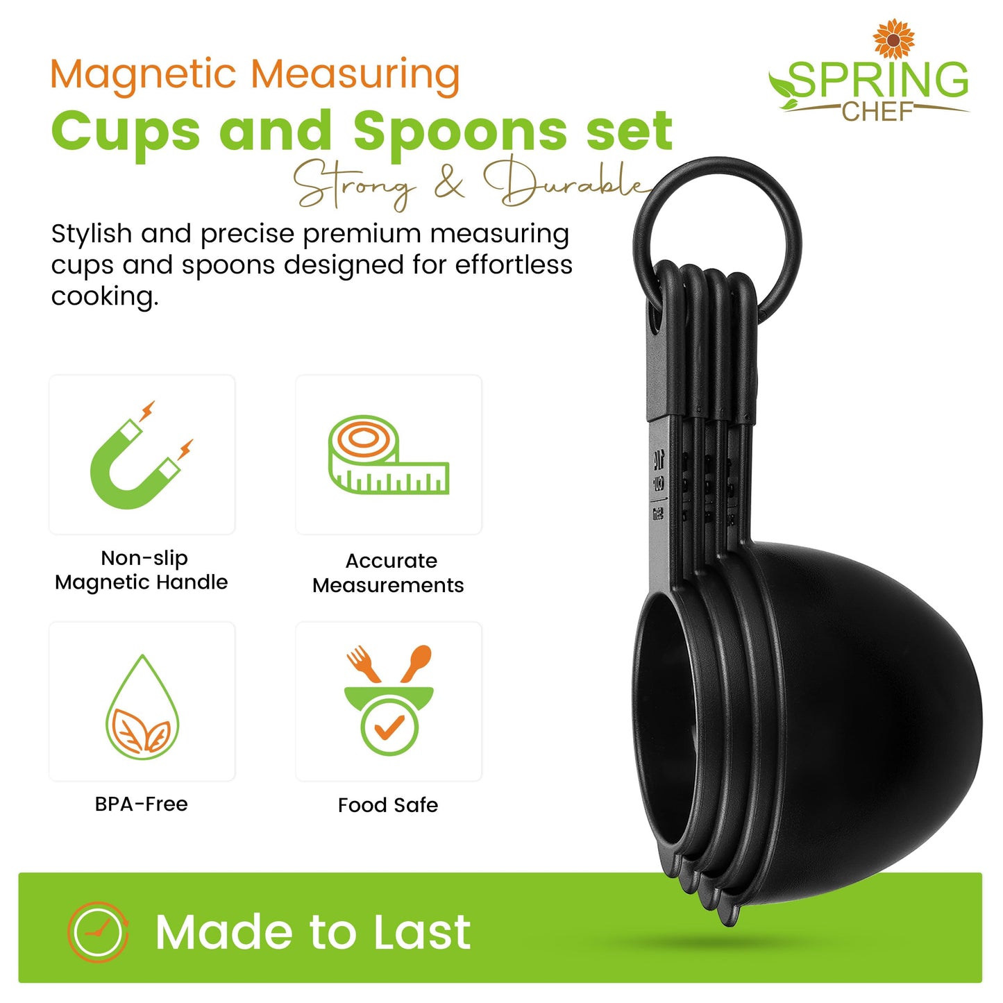 Spring Chef Magnetic Measuring Cups and Spoons Set of 9, Nesting Kitchen Tool with Easy to Read Markings for Measuring Dry or Liquid Ingredient, BPA Free, Black