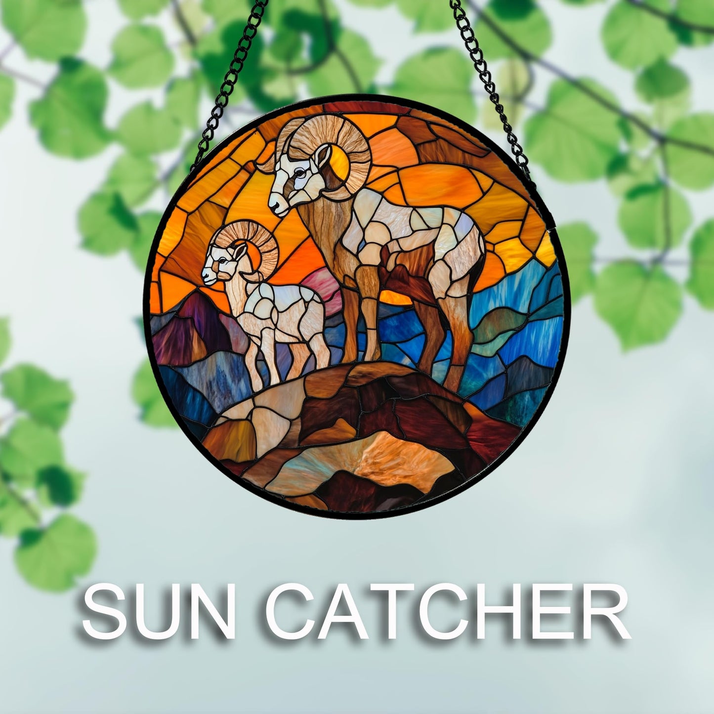 QZQCBLC Stained Glass Window Hanging Bighorn Sheep Mountain Landscape 6.3" - Suncatcher Door Garden Sun Catcher Home Decor Christmas Birthday for Mom Men Woman Friends Nana