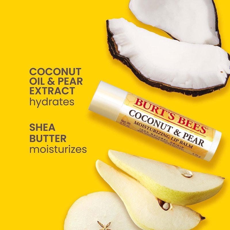 Burt's Bees Lip Balm, Beeswax, Strawberry, Coconut and Pear, and Vanilla Bean Pack, With Responsibly Sourced Beeswax, Tint-Free, Natural Lip Treatment, 0.15 oz., Four Tubes