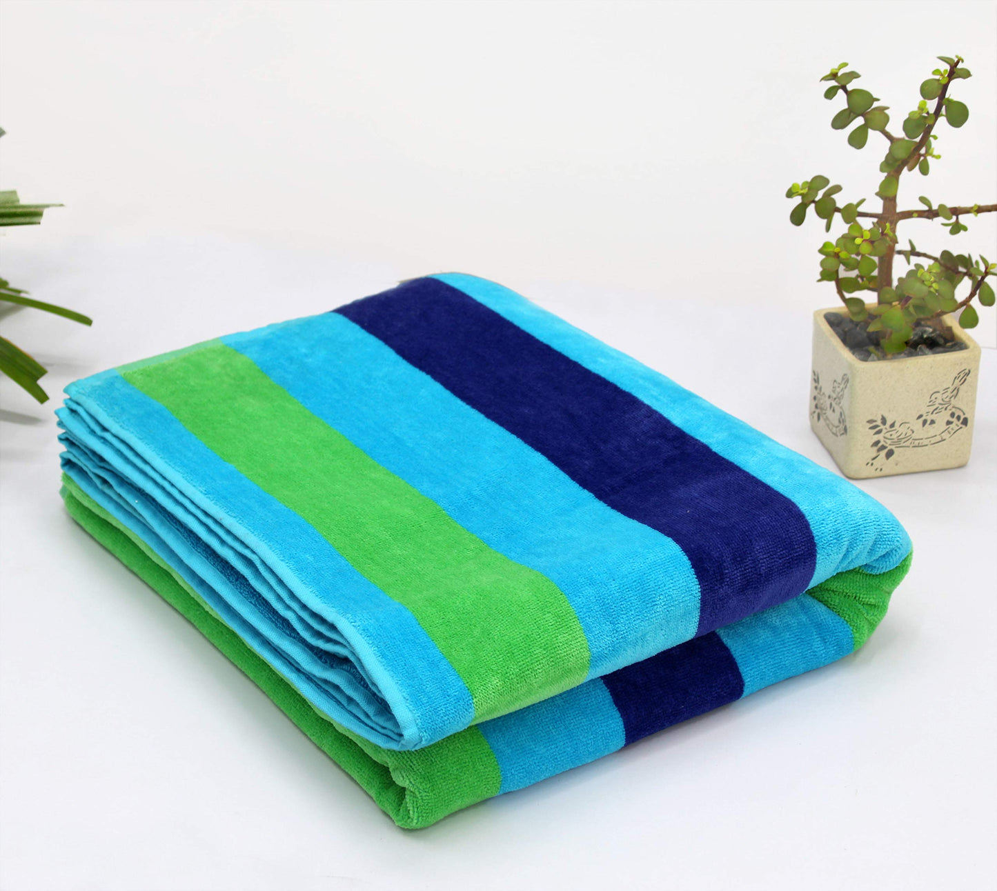 COTTON CRAFT Oversized Extra Wide XL Beach Blanket Towel for Two - 58x68-100% Cotton Velour - Big & Huge - Pool Picnic Bath Jacquard Thick Plush Super Soft Luxury - 450 GSM - Cabana Stripe Blue Green
