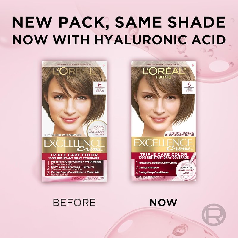 L'Oreal Paris Hair Dye - Excellence Crème, Triple Care Color with Hyaluronic Acid for 100% Gray Coverage | 6 Light Brown, 1 Kit