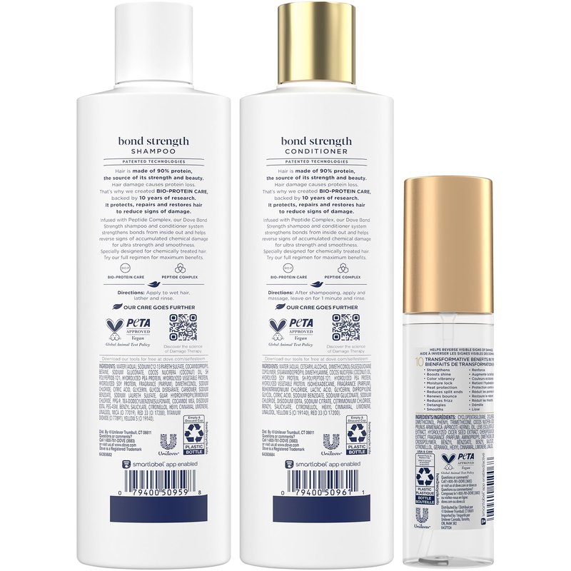 Dove Bond Strength Shampoo & Conditioner Set + Hair Serum Bundle – Repair Treatment for Damaged and Frizzy Hair (3 Piece Set)