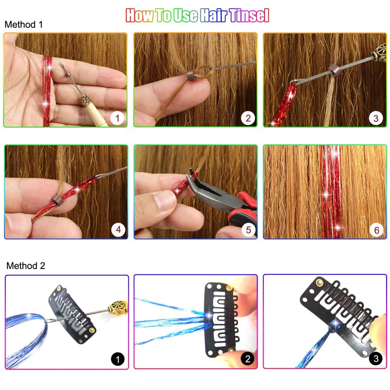 MISSUHUI Hair Tinsel Kit With Tool Hair Tinsel Heat Resistant Fairy Glitter Hair Extensions Sparkling Tensile Hair Extensions for Women Girls Kids