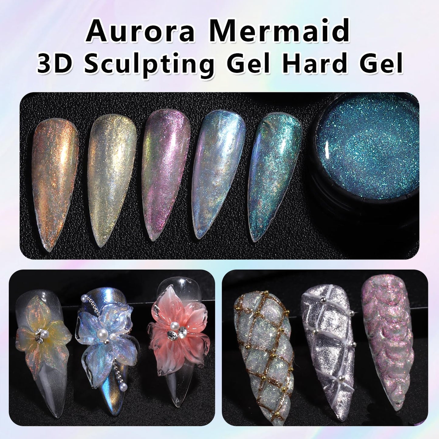 SUTOKAKA Solid Builder Gel for Nails, 6 Colors Clear and Aurora Mermaid 3D Sculpting Gel Non-Sticky Molding Hard Gels Extension Glue with Silicone Carving Pen Manicure DIY Salon Home
