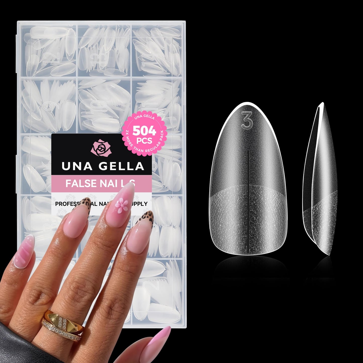 UNA GELLA Gel Nail Tips Medium Almond Shape, Pre Etched Full Cover Almond Press On Nail Tips For Extensions - At Home Matte Acrylic Fake Nails 504pcs, 15 Sizes