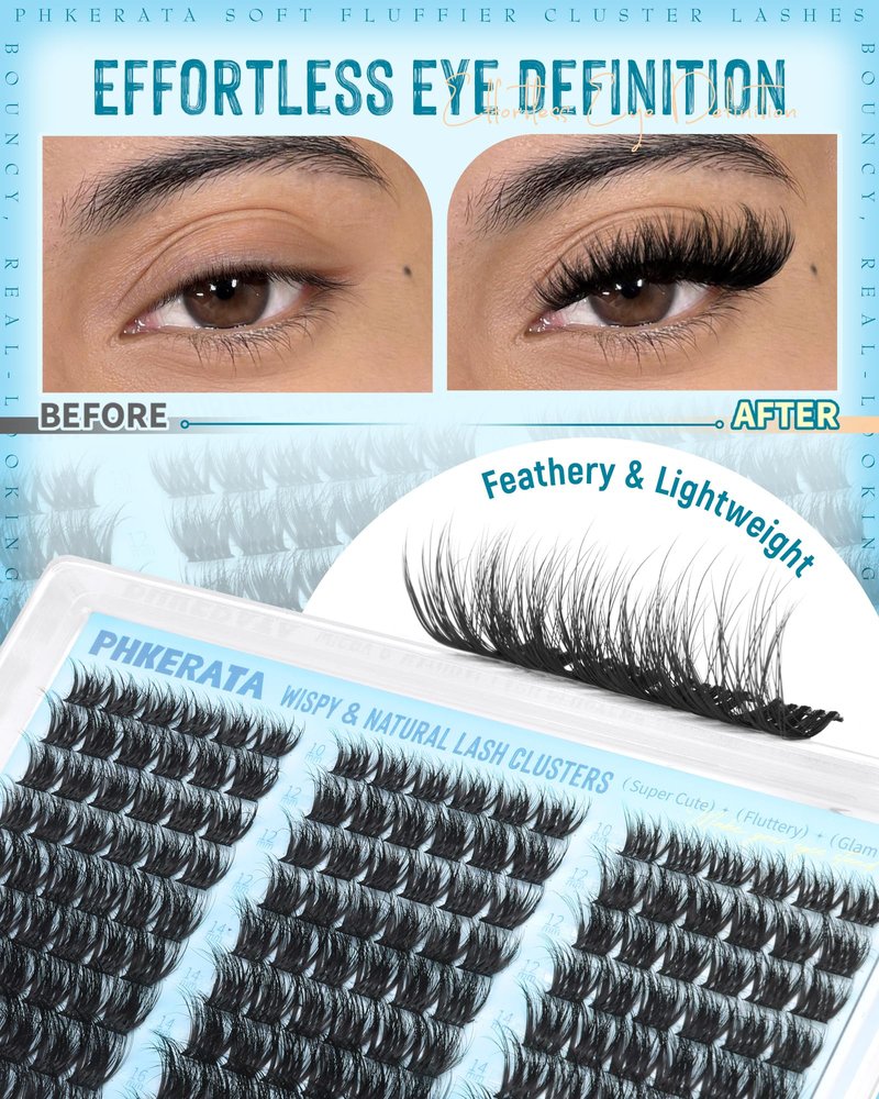 PHKERATA Fluffy Lash Clusters Wispy Eyelash Clusters Natural C Curl Cluster Eyelash Extensions Volume Individual Lashes DIY Eyelash Extension with Soft Thin Band, 10-16mm