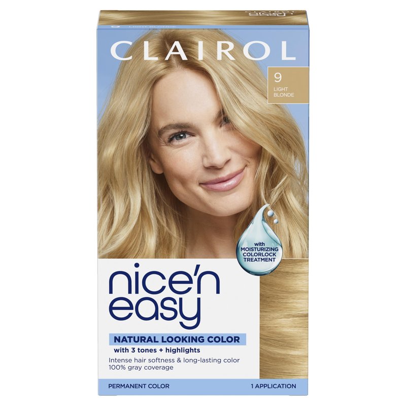 Clairol Nice'n Easy Permanent Hair Dye, 9 Light Blonde | 100% Gray Coverage | Long‑Lasting, Natural‑Looking Color & Shine | Pack of 1