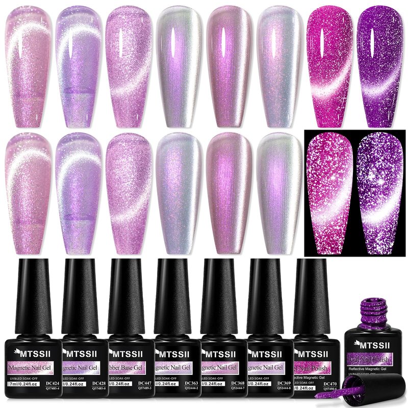 MTSSII Violet Cat Eye Gel Nail Polish Set 8Pcs Glitter Gel Nail Polish Kit with Magnet Shimmer Purple Nail Polish Set Salon Gel Manicure DIY Gift
