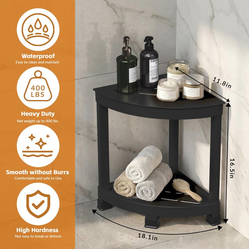 GallopFun Corner Shower Stool for Inside Shower, Waterproof Shower Bench for Shaving Legs, Plastic Anti-Fracture Shower Seat/Foot Rest with Baffle Storage Shelf, Rapid Assembly DIY Shelf (Black)