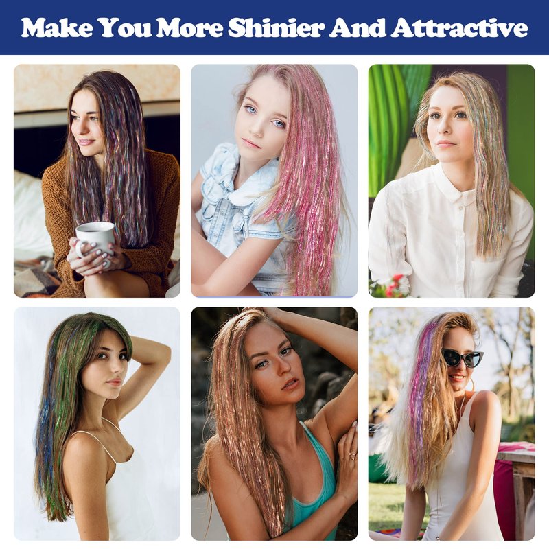 16 Colors Hair Tinsel Kit, ELASO 48 Inches 3300 Strands Tinsel Hair Extensions, Fairy for Christmas Halloween Cosplay Party, Highlights Sparkling Glitter Hair
