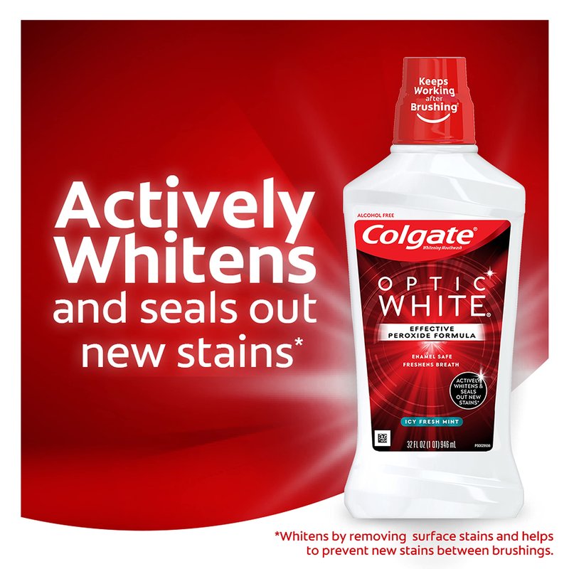 Colgate Optic White Advanced Teeth Whitening Mouthwash, 3 Pack, 2% Hydrogen Peroxide, Alcohol-Free and Enamel Safe, ICY Fresh Mint, 32 Oz