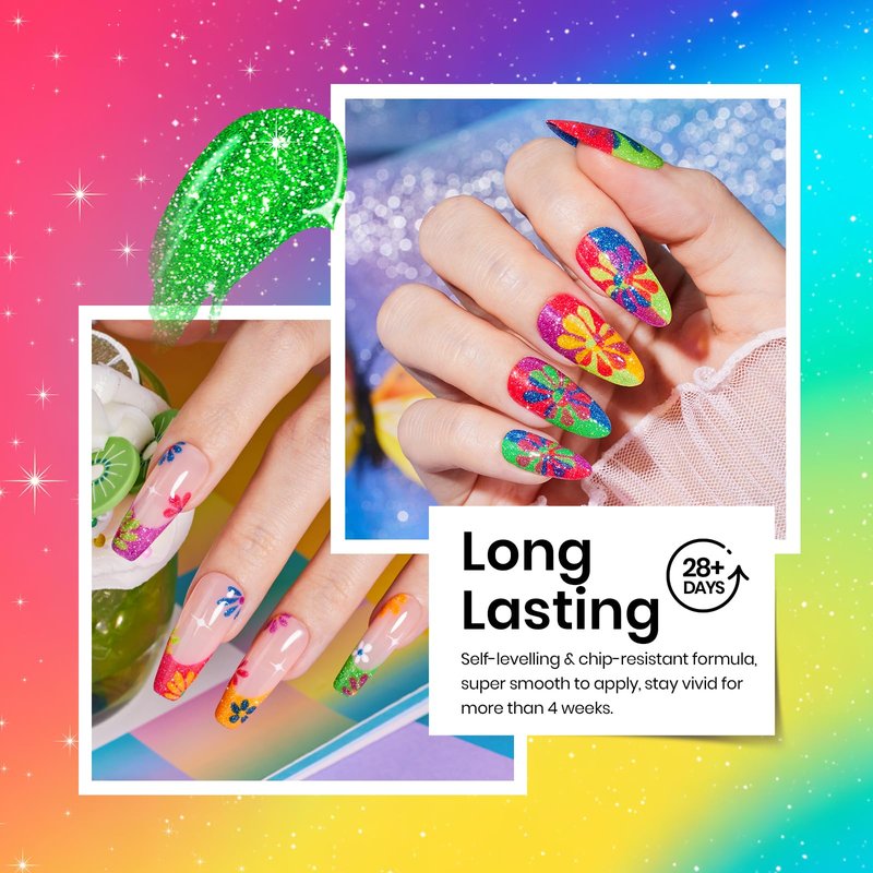 beetles Glitter Gel Nail Polish Set - Neon Carnival Reflective Summer Gel Polish, 6 Colors Pink Green Purple Blue Bright Sparkly Gel Nails Soak Off Uv Led Salon Gift for Women