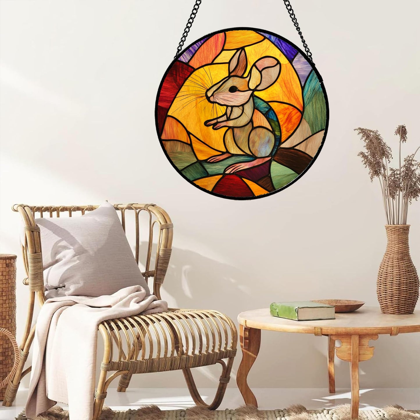GEFOS Stained Glass Window Hanging Yellow Brown Cute Mouse 7.8" - Suncatcher Door Garden Sunroom Sun Catcher Home Decor Birthday Christmas for Mom Men Woman Nana