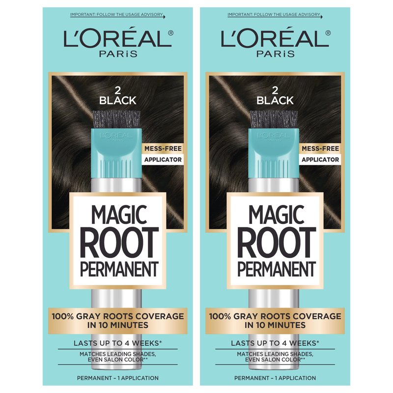 L'Oreal Paris Magic Root Permanent Hair Color Kit, 100% Gray Hair Coverage In Just 10 Minutes, Precision Brush Applicator for Seamless Application, 2 Black (2 Count)