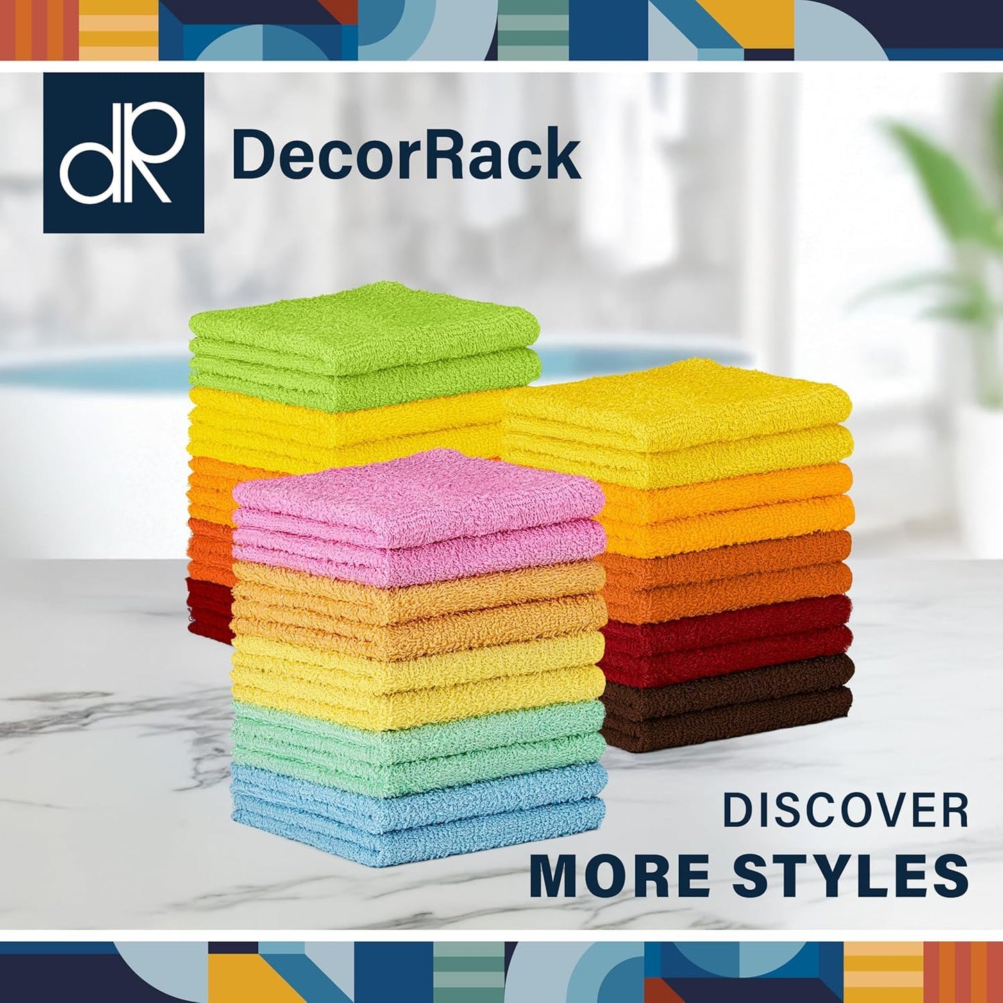 DecorRack 10 Pack 100% Cotton Wash Cloth, Luxurious Soft, 12 x 12 inch Ultra Absorbent, Machine Washable Washcloths, Assorted Set 2 (10 Pack)