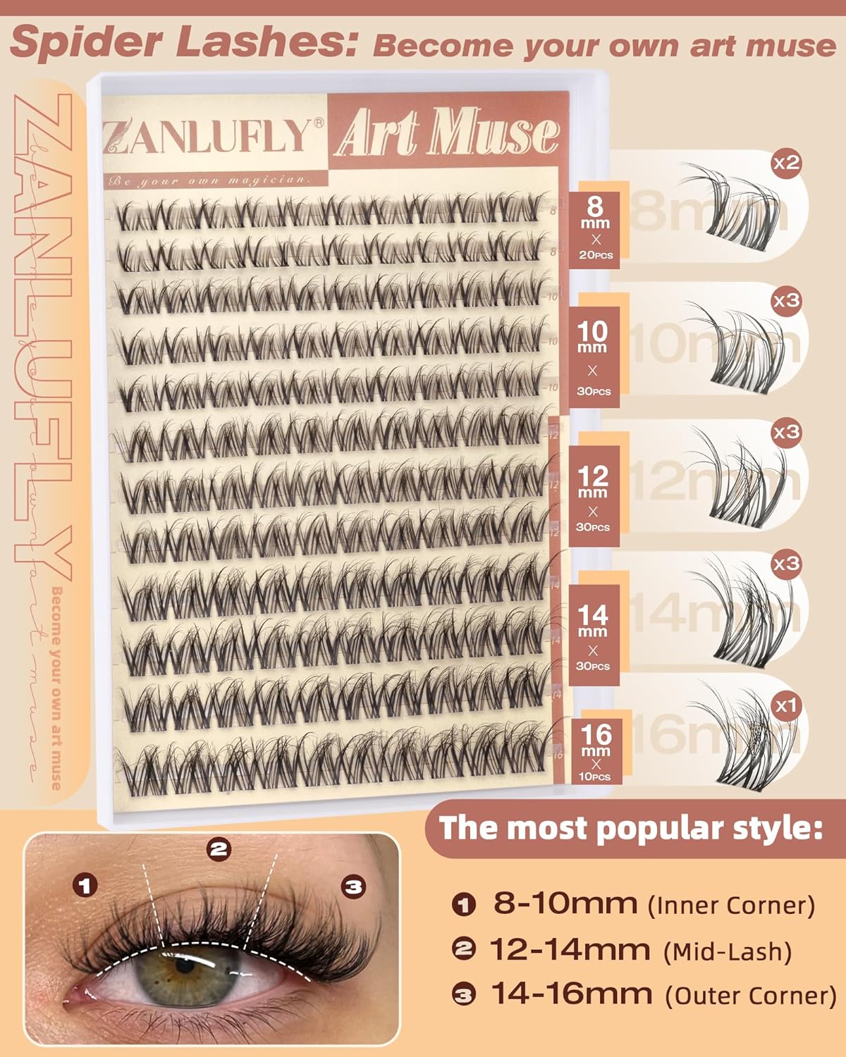 Zanlufly Spider Lash Clusters - Wispy Natural Eyelash Extensions | DIY 8-16mm Individual Lashes