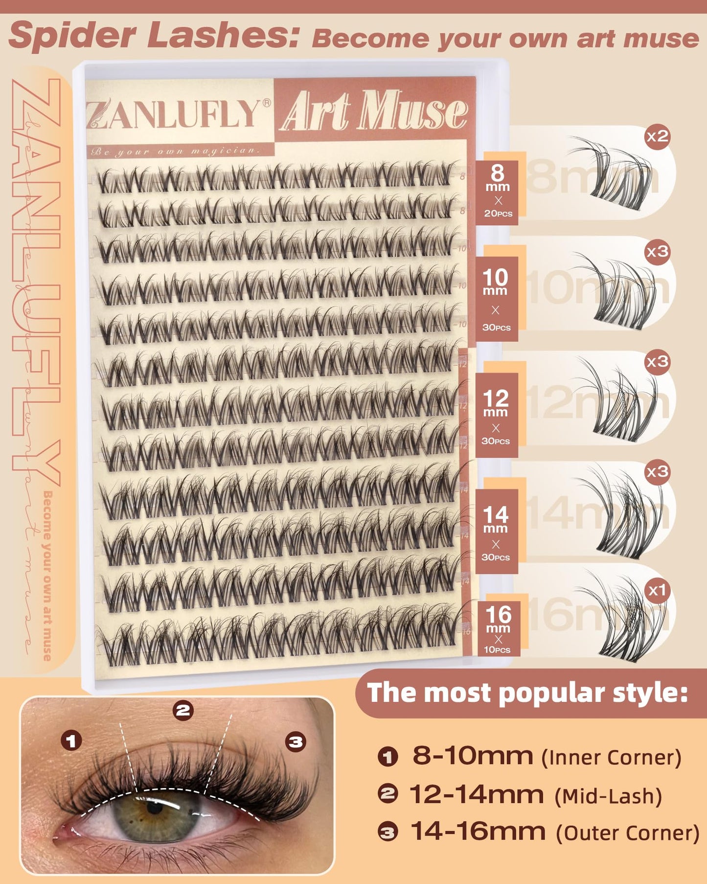 Spider Lash Clusters Breeze Wispy Eyelash Clusters Natural Cluster Eyelash Extensions Daily Cluster Lashes DIY 8-16mm Individual Eyelashes Spider Lashes D Curly with Clear Band by zanlufly