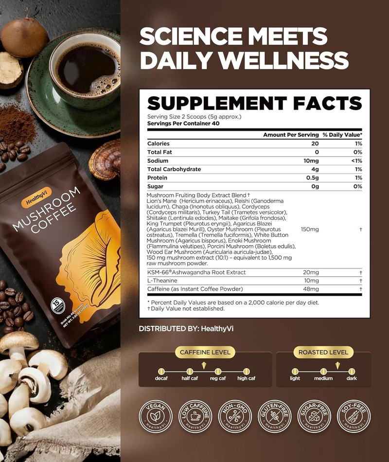 Mushroom Coffee - 15 Natural Mushrooms for Focus & Energy | Medium Roast, Vegan, 40 Servings