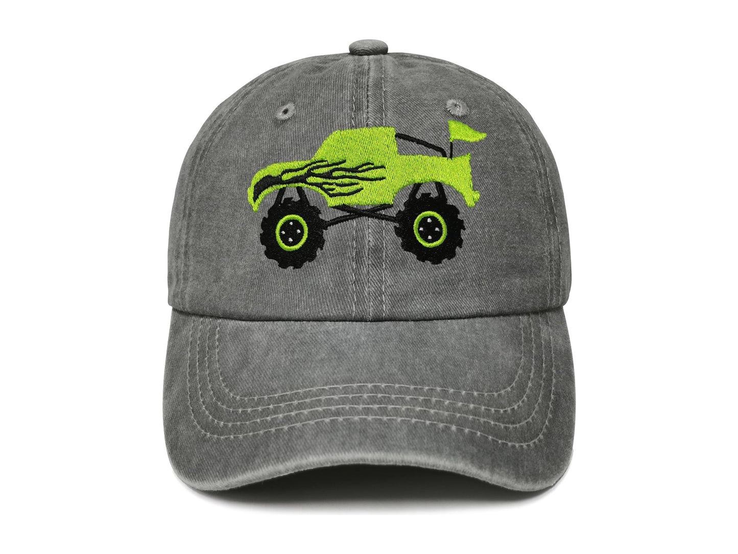 Shenbors Embroidered Monster Truck Hats for Boys Girl, Children's Washed Gray Adjustable Baseball Cap Dad Hat for Kids Child